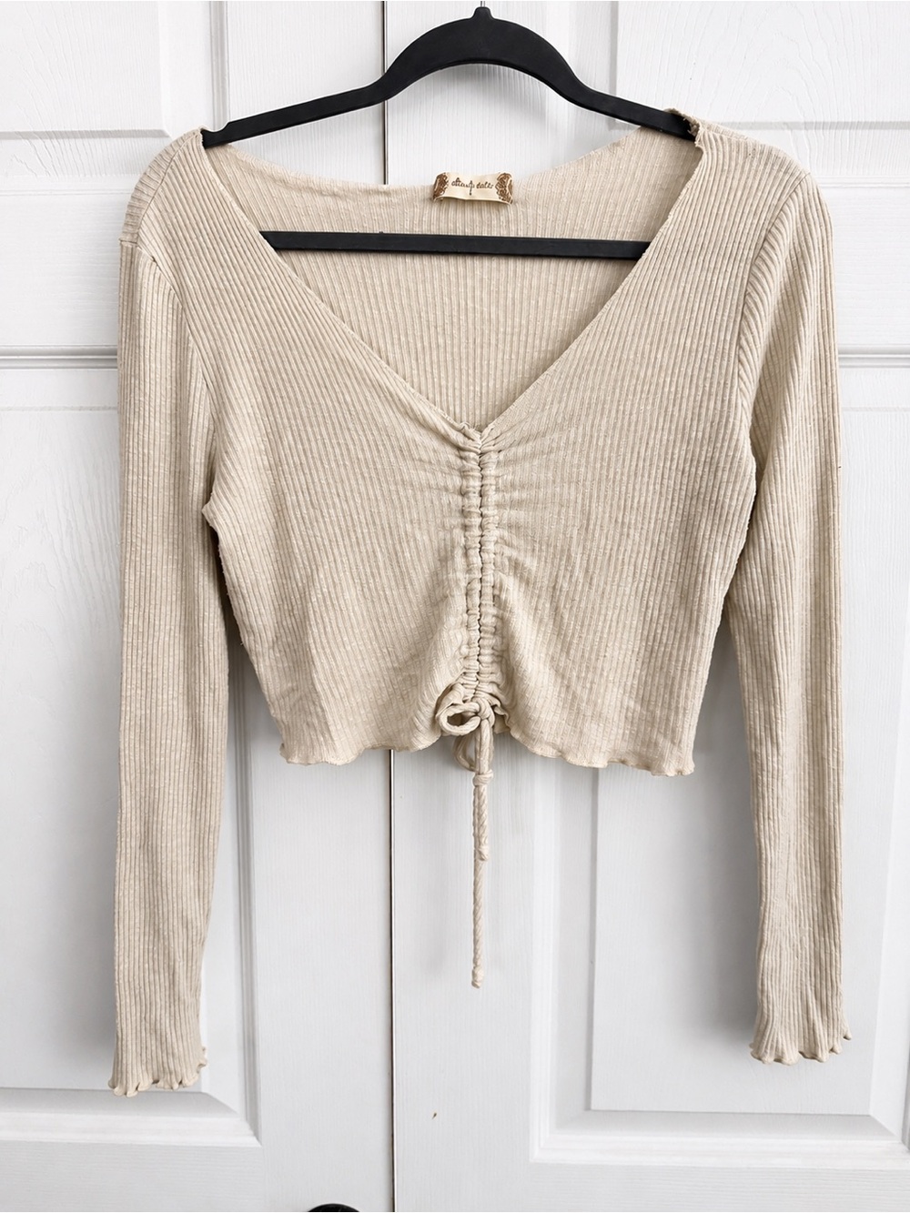 Altar'd State Cream Ribbed V-Neck Drawcord Long Sleeve Crop Top